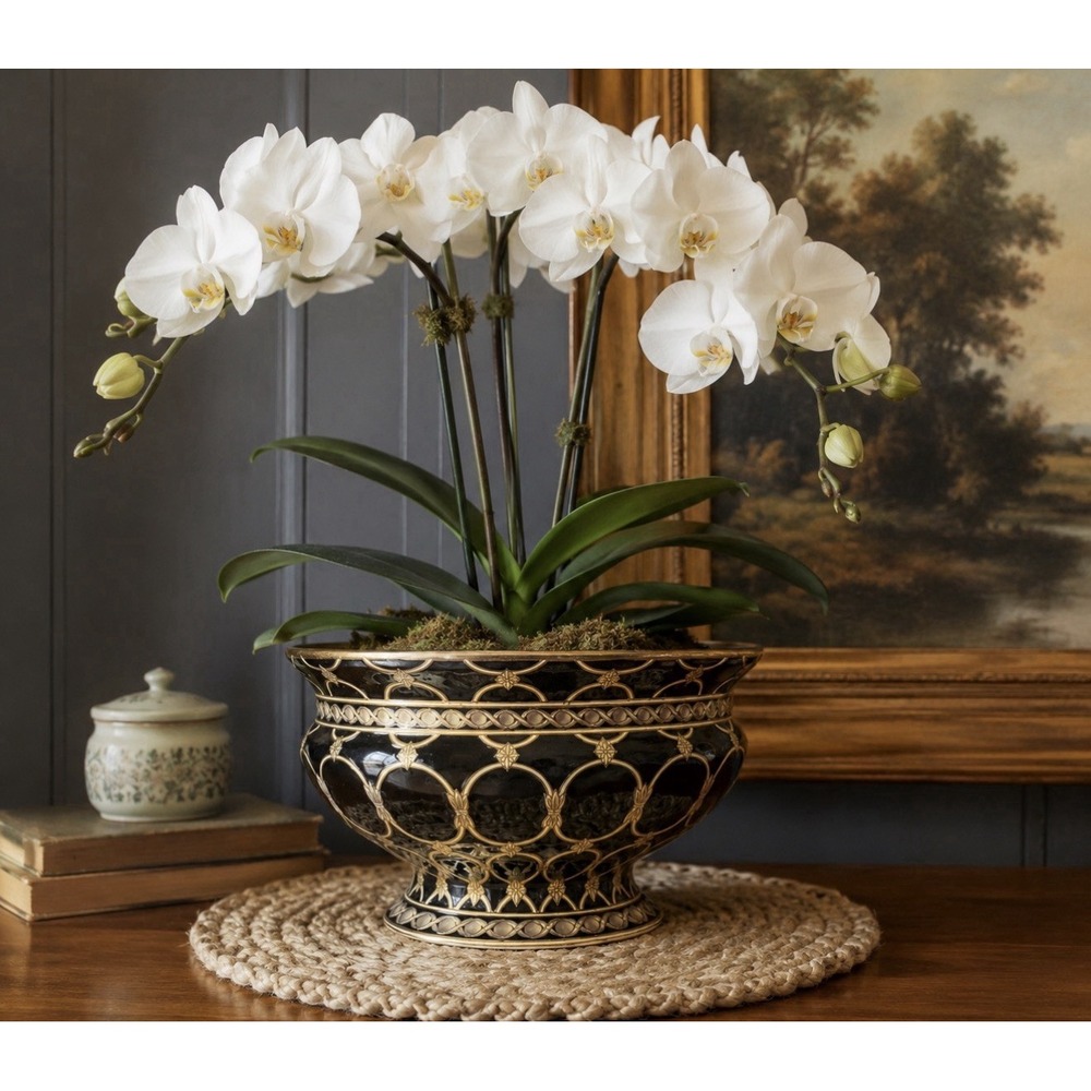 Asian Footed Pedestal Bowl Black & Gold Hand Painted Geometric Planter 12.5"